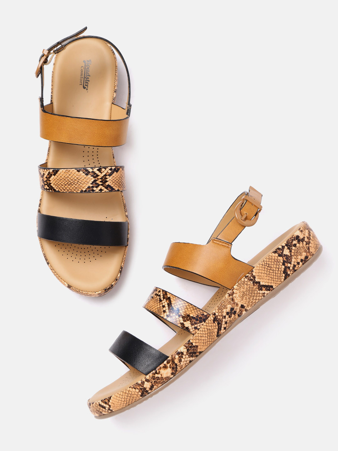 The Roadster Lifestyle Co Women Tan Brown & Black Snakeskin Textured Open Toe Flats