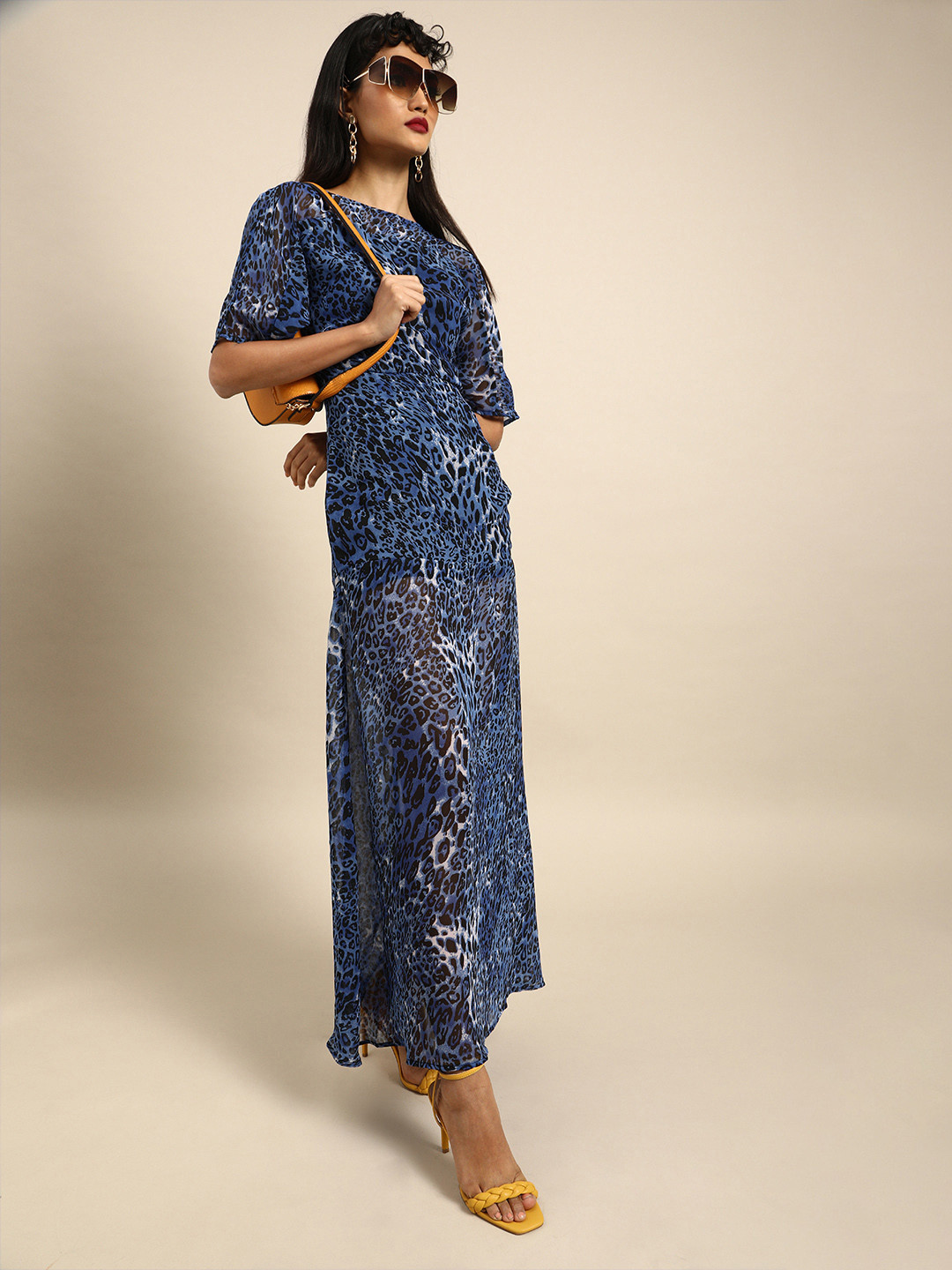 DODO & MOA Blue & Black Animal Crepe Maxi Dress