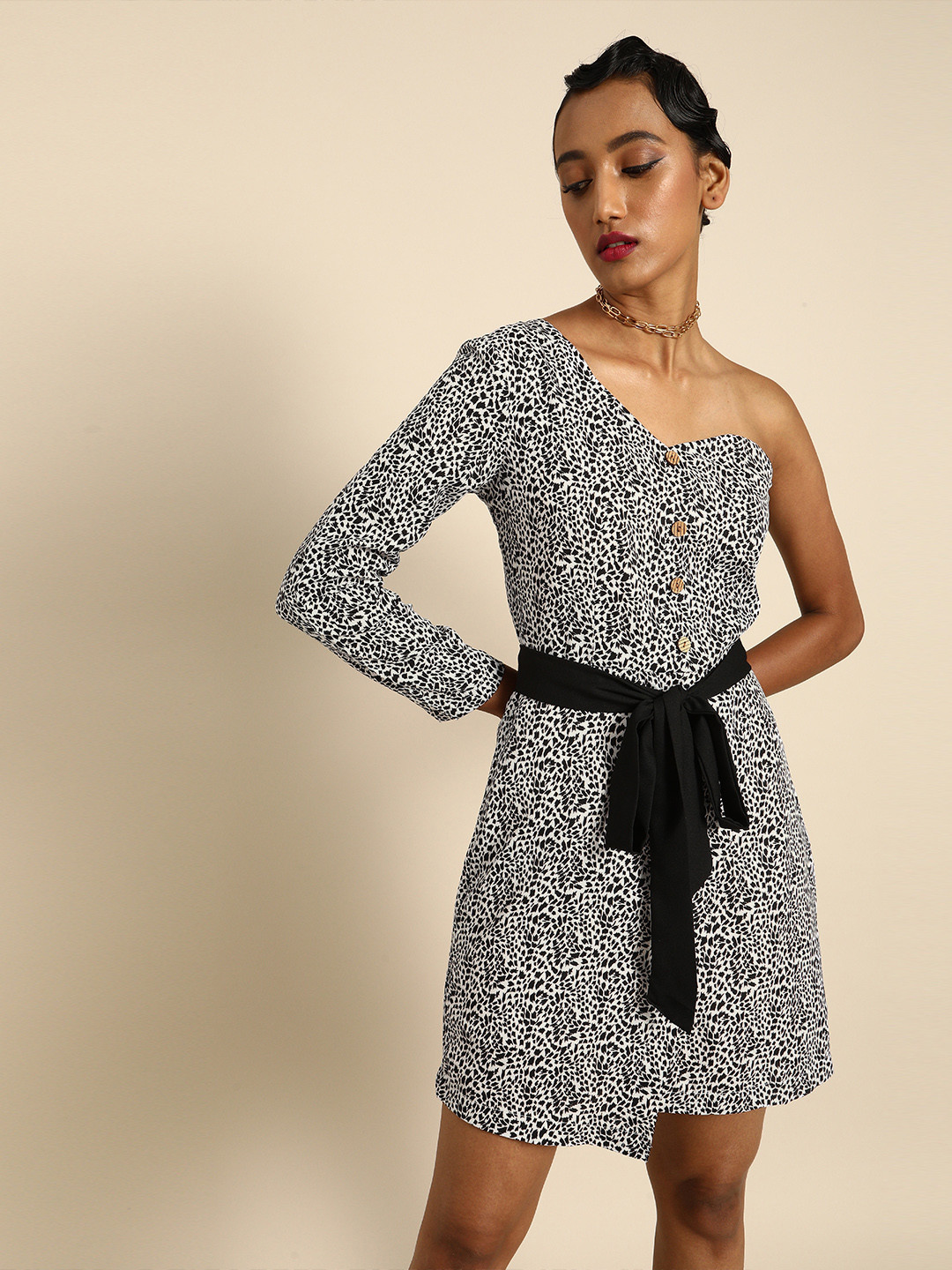 DODO & MOA Women Black Animal Printed One Shoulder A-Line Dress