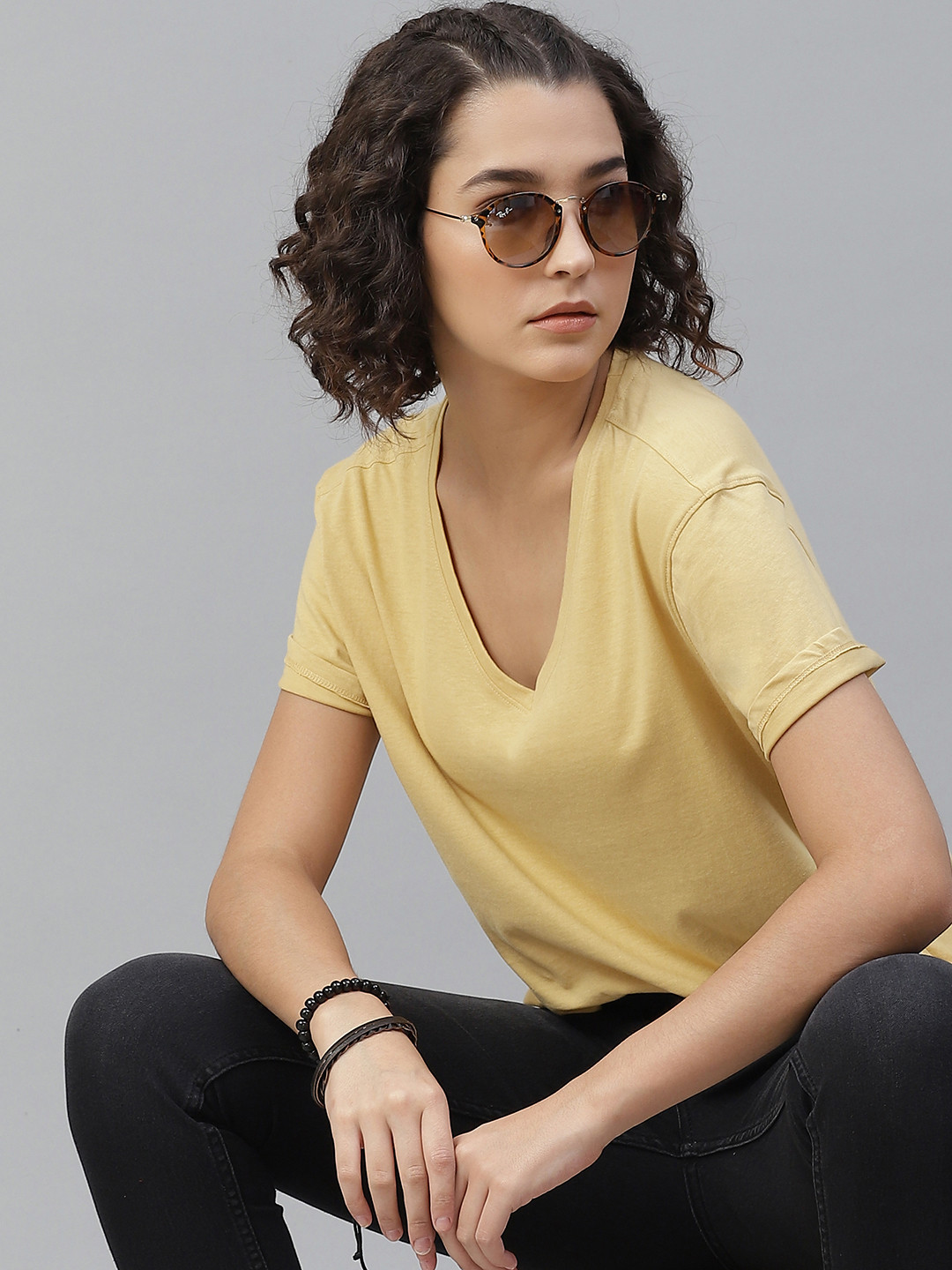 The Roadster Lifestyle Co Women Yellow Cotton Solid V-Neck Pure Cotton Relaxed Fit T-shirt
