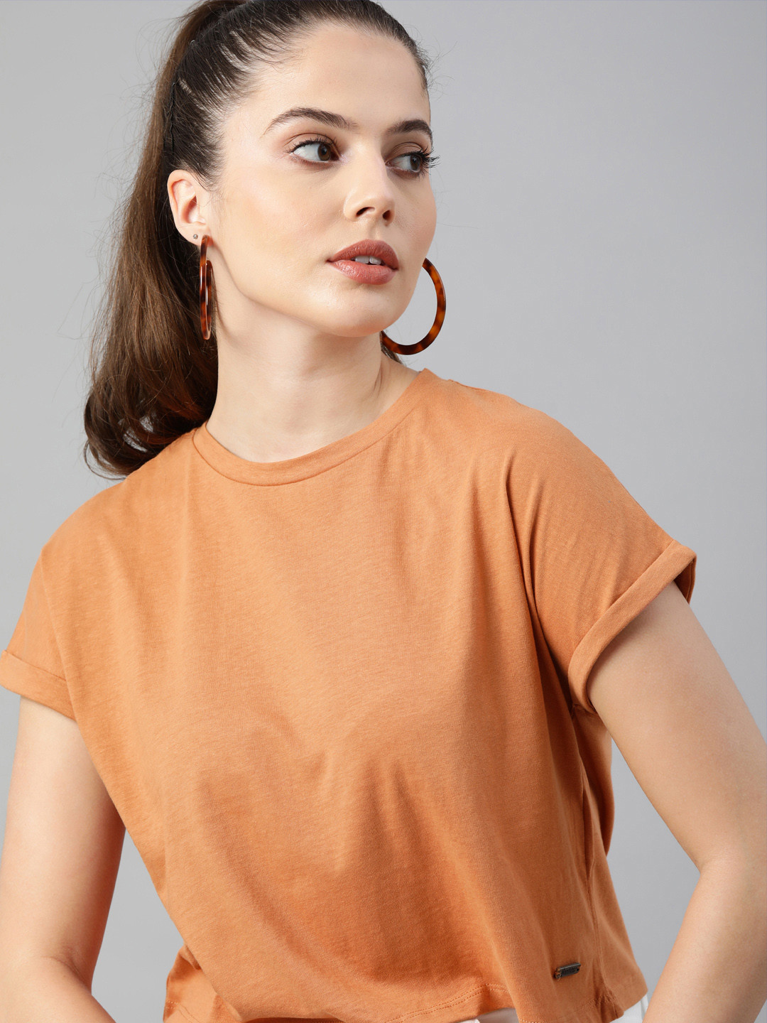 The Roadster Lifestyle Co Women Orange Extended Sleeves Pure Cotton T-shirt