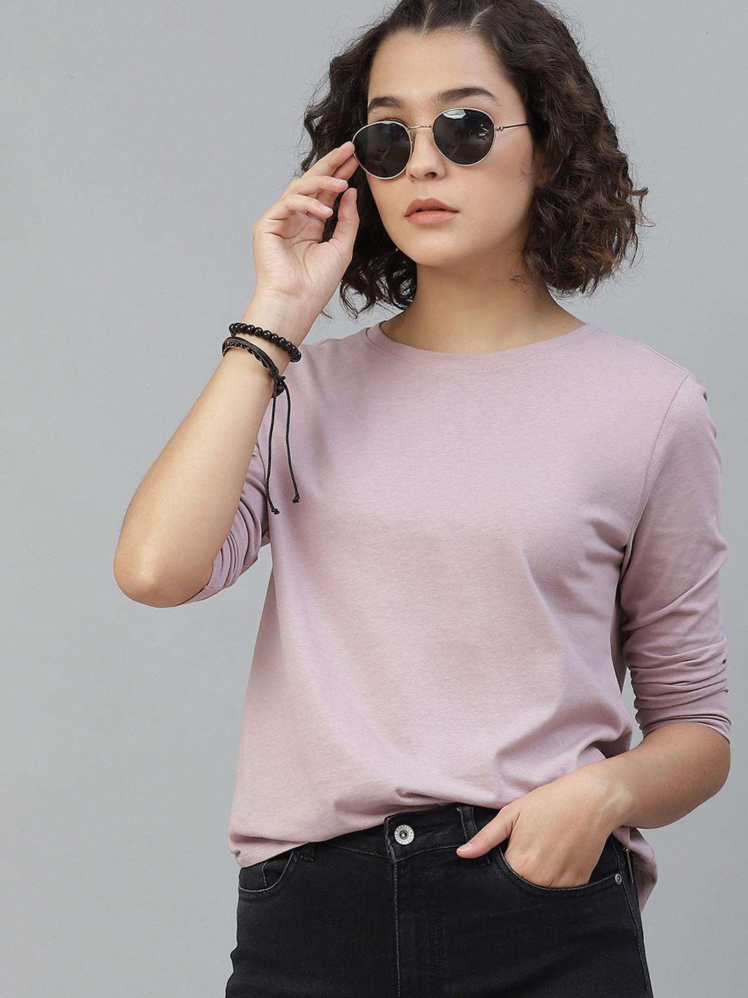 The Roadster Lifestyle Co Women Lavender Solid Cotton Round Neck T-shirt