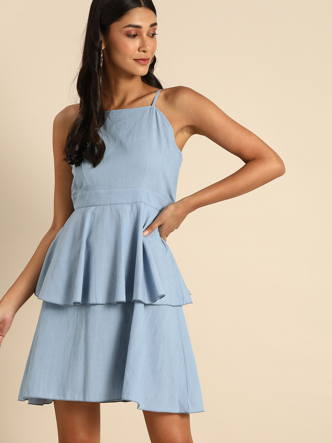 DODO & MOA Women Blue Solid Tiered Denim Fit and Flare Dress