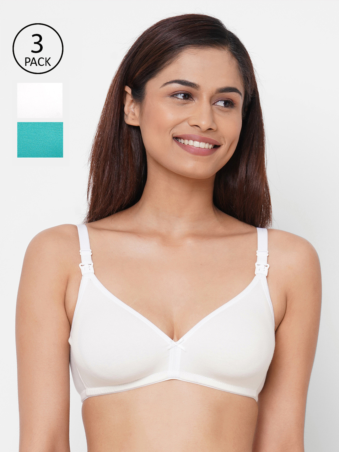 Inner Sense Off-White & Turquoise Blue Solid Non-Wired Non Padded Maternity Bra Pack of 3