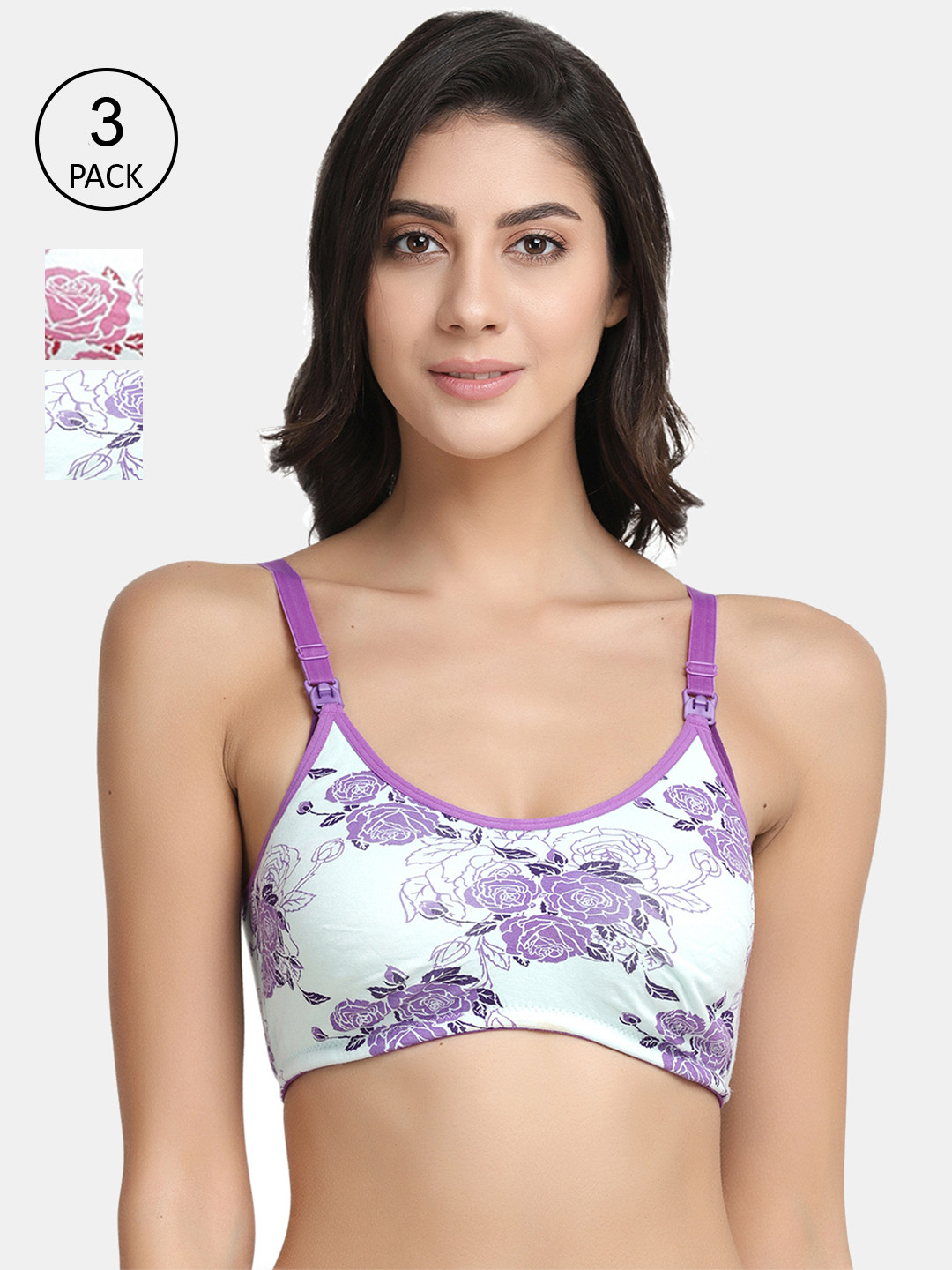Inner Sense Pack Of 3 White & Purple Printed Non-Wired Non Padded Maternity Bras