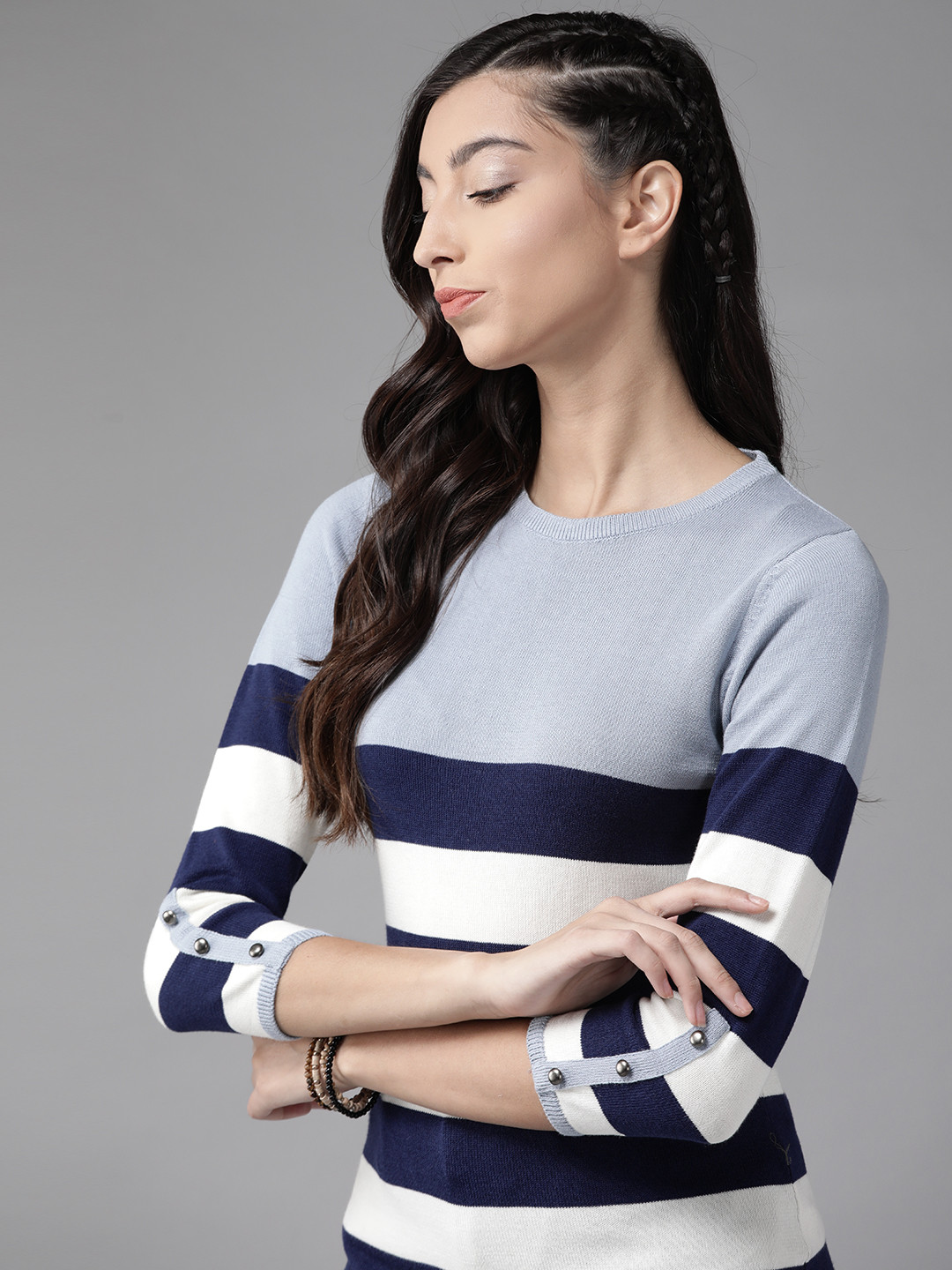 The Roadster Lifestyle Co Blue & Off- White Striped Flat Knit Top