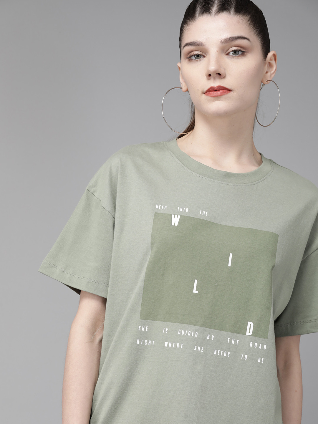 The Roadster Lifestyle Co Women Olive Green Printed Round Neck T-shirt