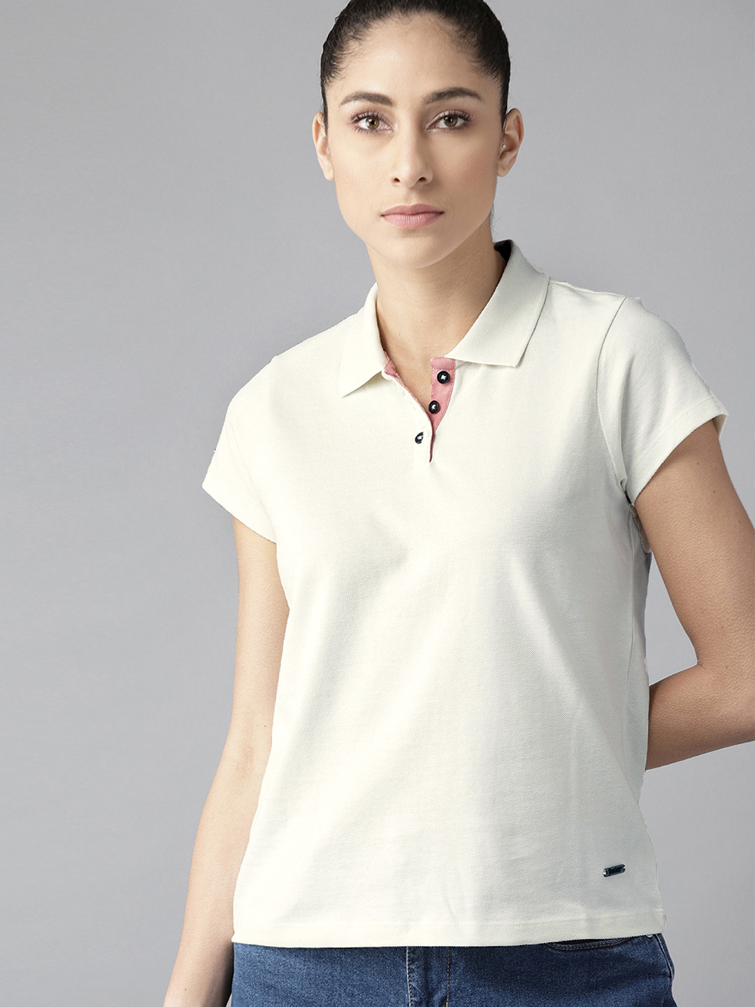 The Roadster Lifestyle Co Women White Polo Collar Cotton Pure Cotton T-shirt