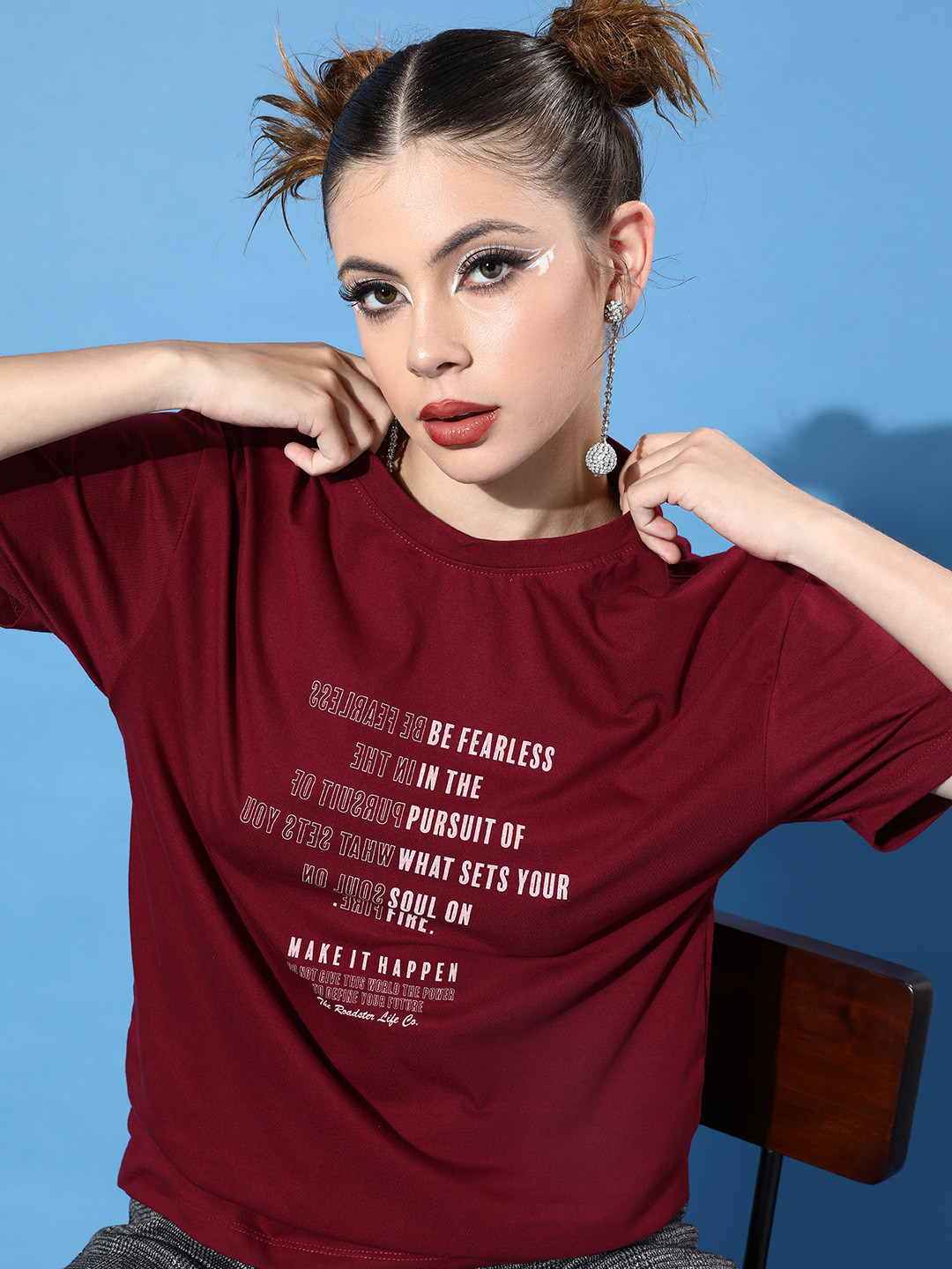 Roadster Women Charming Maroon Typography Joyful Conversation Boxy Fit Tshirt
