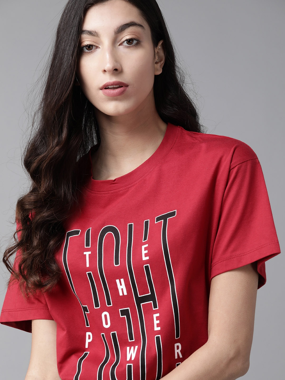 Roadster Women Red  Black Printed Boxy Round Neck T-shirt