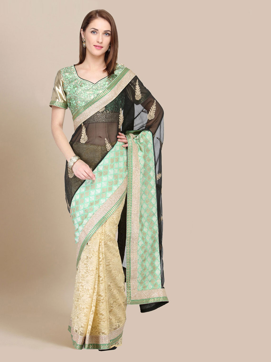 Chhabra 555 Black & Beige Ethnic Motifs Zari Lace Half and Half Saree