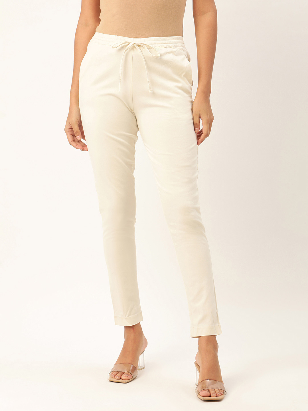ROOTED Women Off-White Solid Regular Trousers