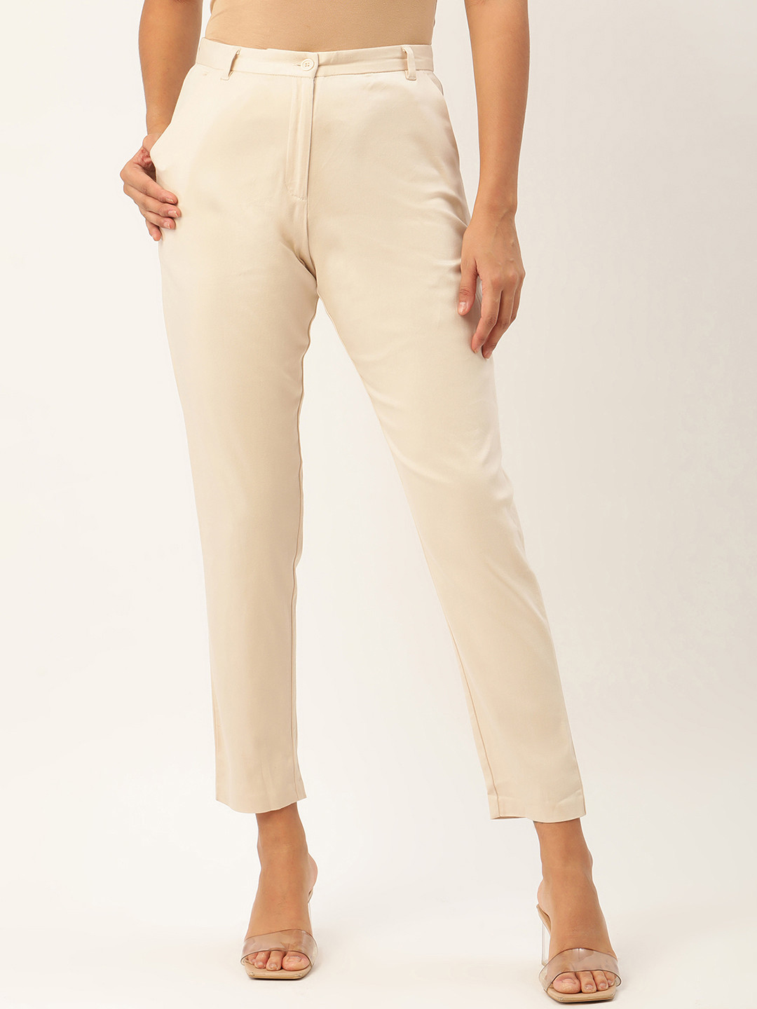ROOTED Women Beige Slim Fit Solid Regular Trousers