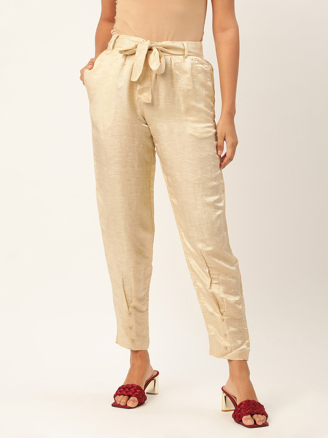 ROOTED Women Beige Regular Fit Solid Peg Trousers