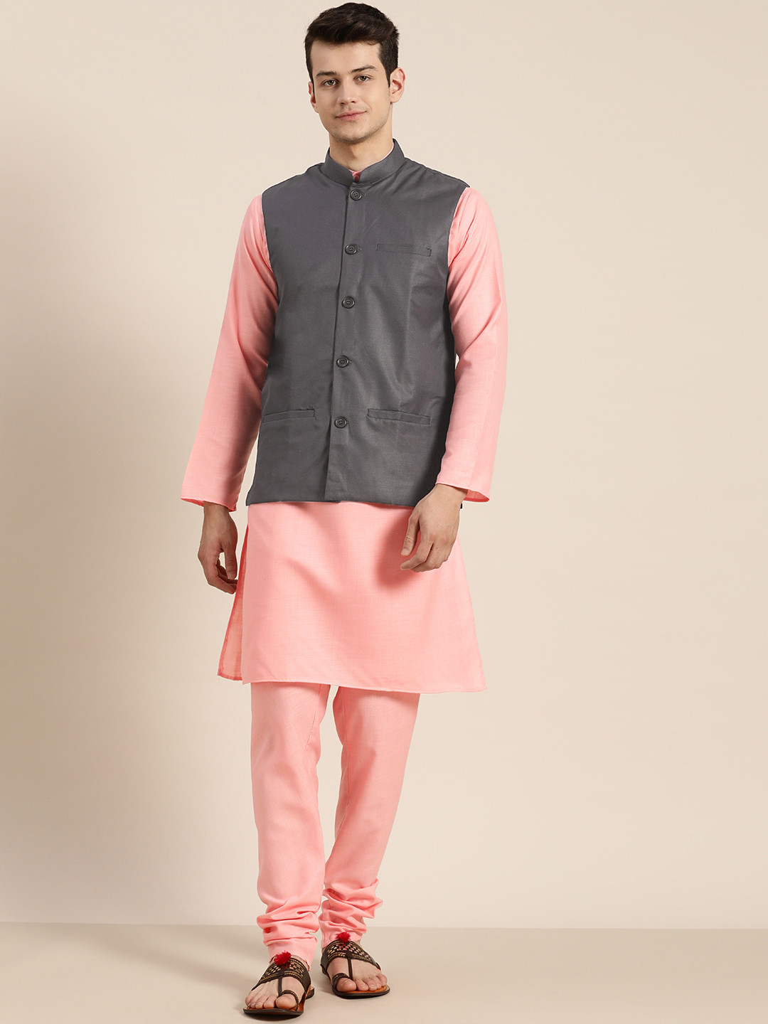 SOJANYA Men Pink & Charcoal Grey Solid Kurta & Churidar with Nehru Jacket