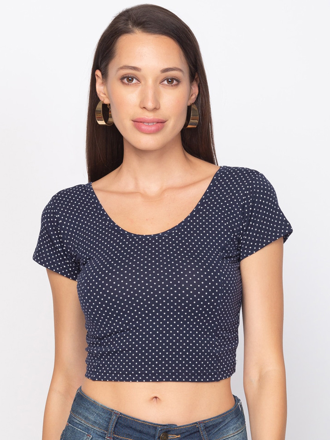 SALWAR STUDIO Women Navy Blue & White Printed Non-Padded Readymade Saree Blouse