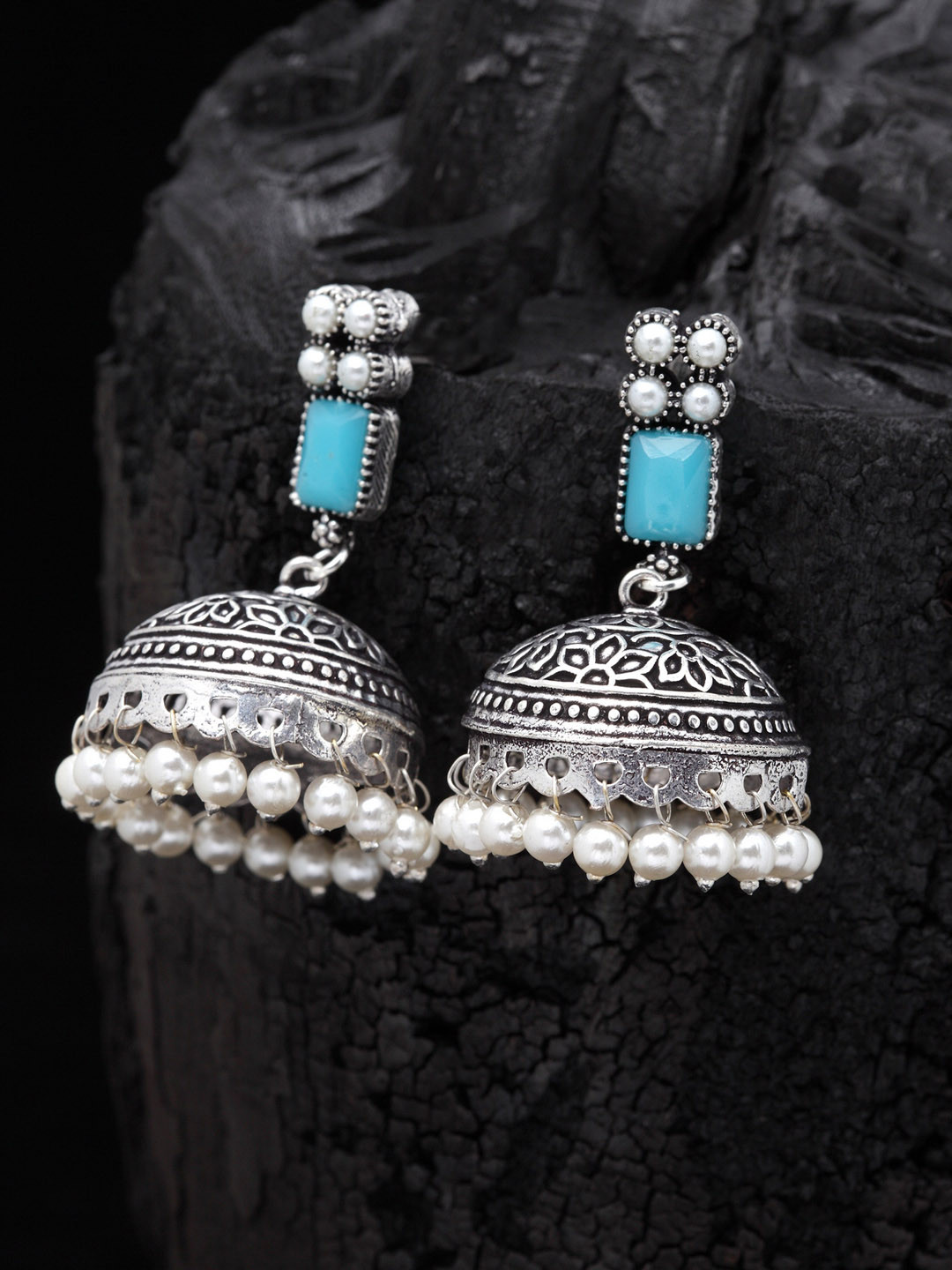PANASH Silver-Plated & Turquoise Blue Oxidised Jhumkas
