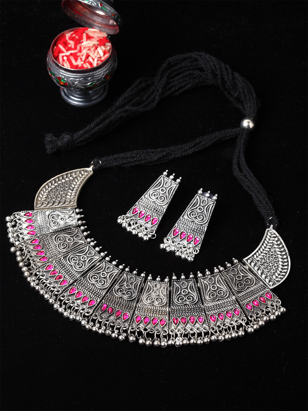 PANASH Oxidised Silver-Toned & Pink Stone Studded Jewellery Set