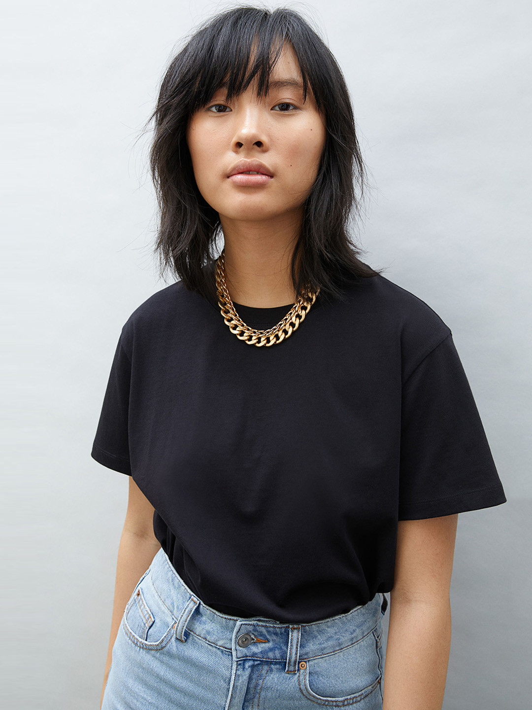 HM Women Black Solid Cotton Pure Cotton T-shirt