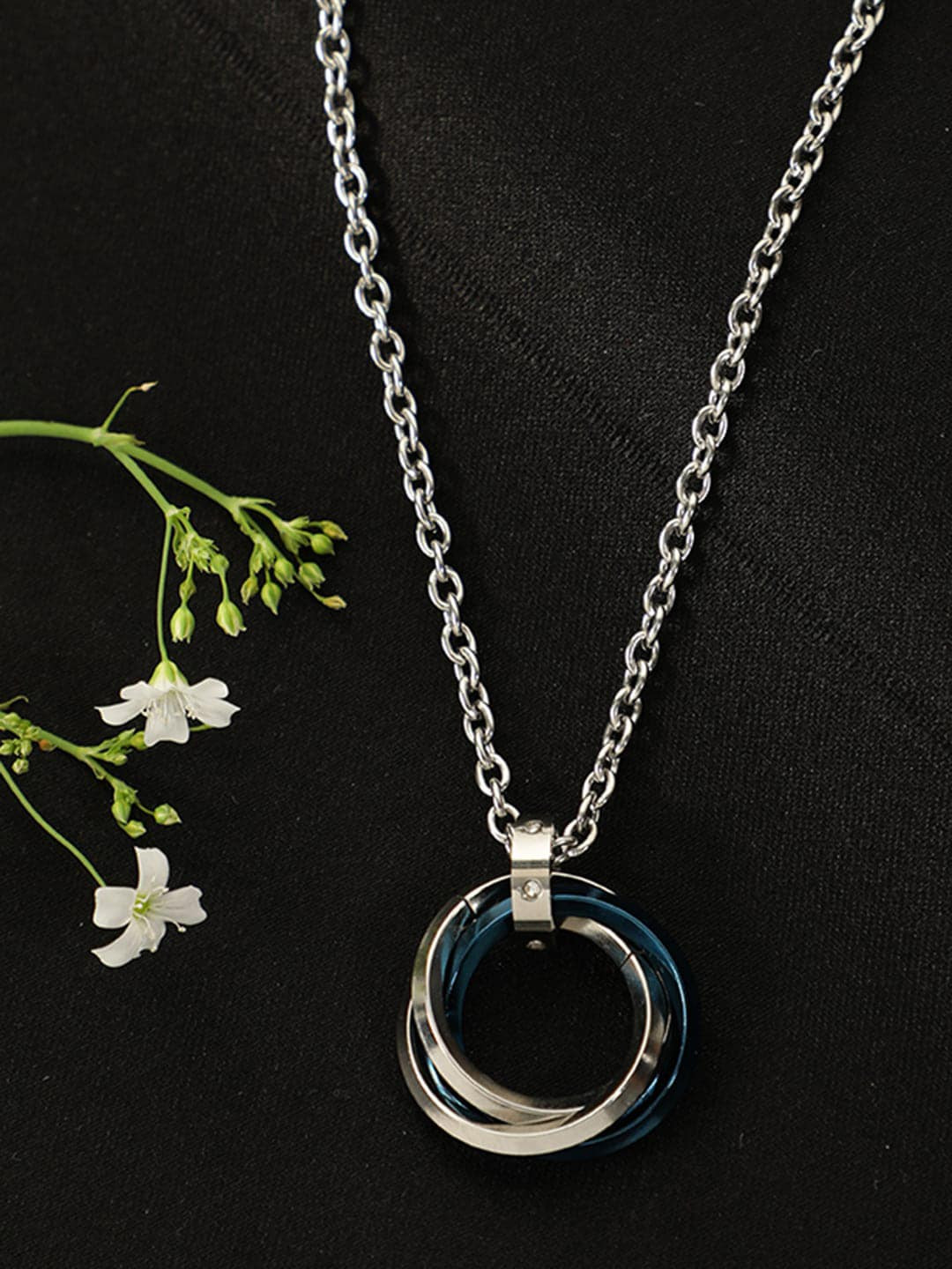 AQUASTREET Men Silver-Plated & Blue CZ Studded Pendant With Chain
