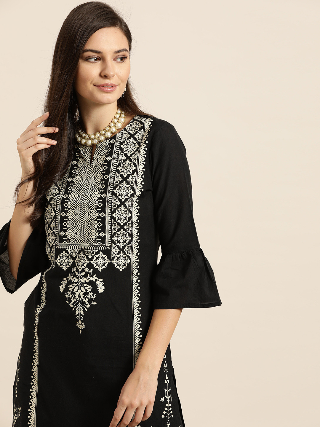 Sangria Women Black & Off-White  Cotton Printed Kurta with Trousers