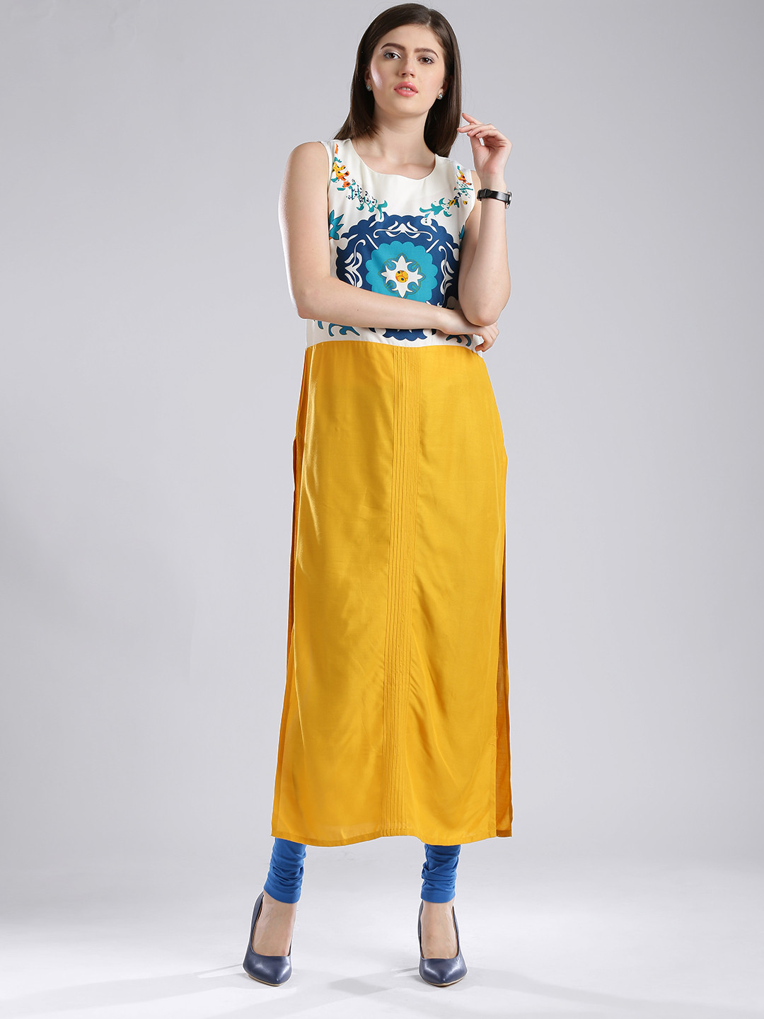 W Off-White & Mustard Yellow Hand Painted Kurta