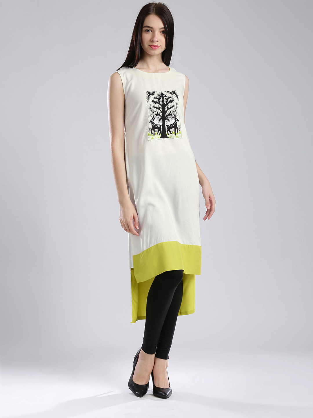 W Off-White Applique High-Low Kurta