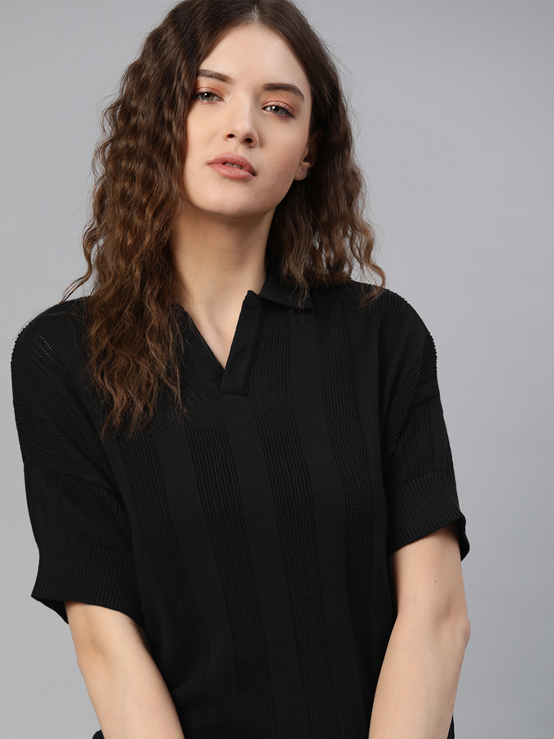 The Roadster Lifestyle Co Women Black Crochet Knit  Cotton Cinched Waist Top