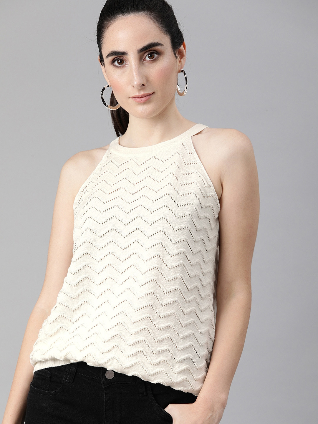 The Roadster Lifestyle Co Off White Crochet Regular Top