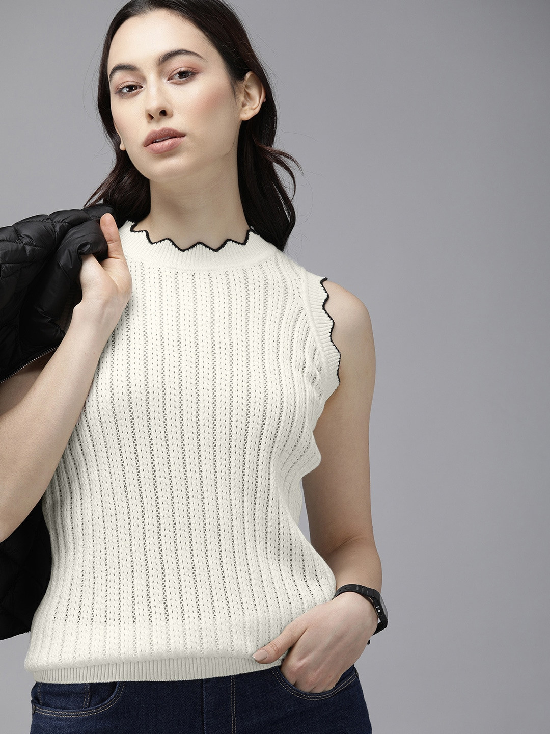 The Roadster Lifestyle Co Off White Crochet Knit Regular Top
