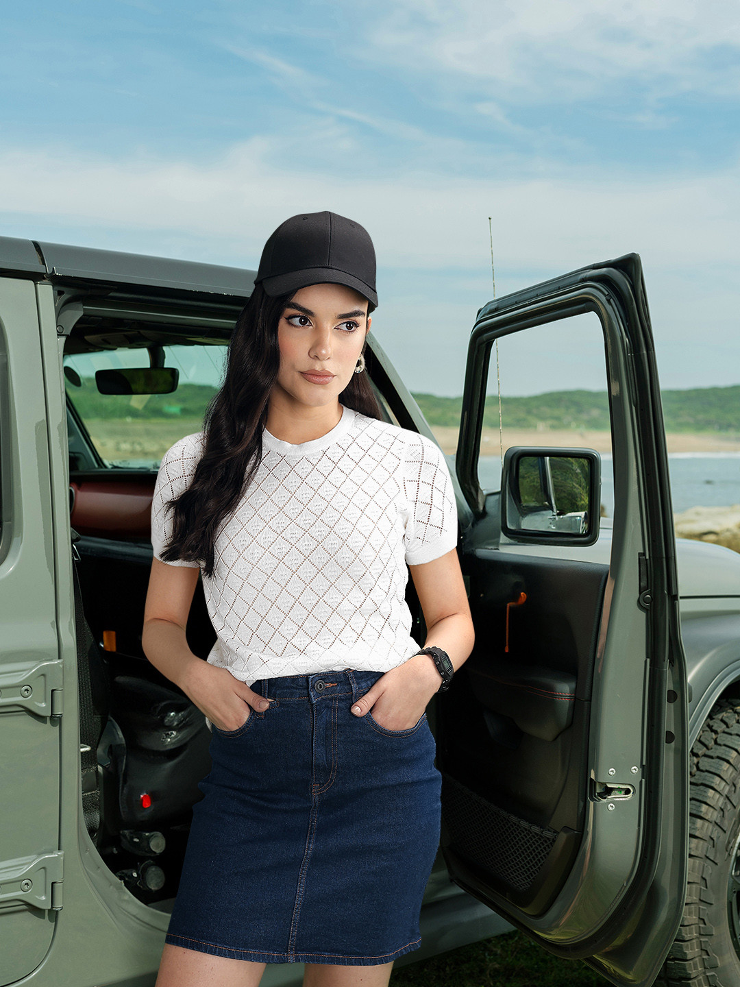 The Roadster Lifestyle Co Women Crochet Knit White  Cotton Geometric Regular Top