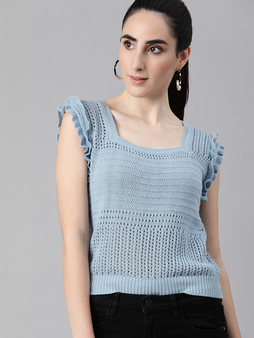 The Roadster Lifestyle Co Blue Puff Sleeve Crochet Regular Top