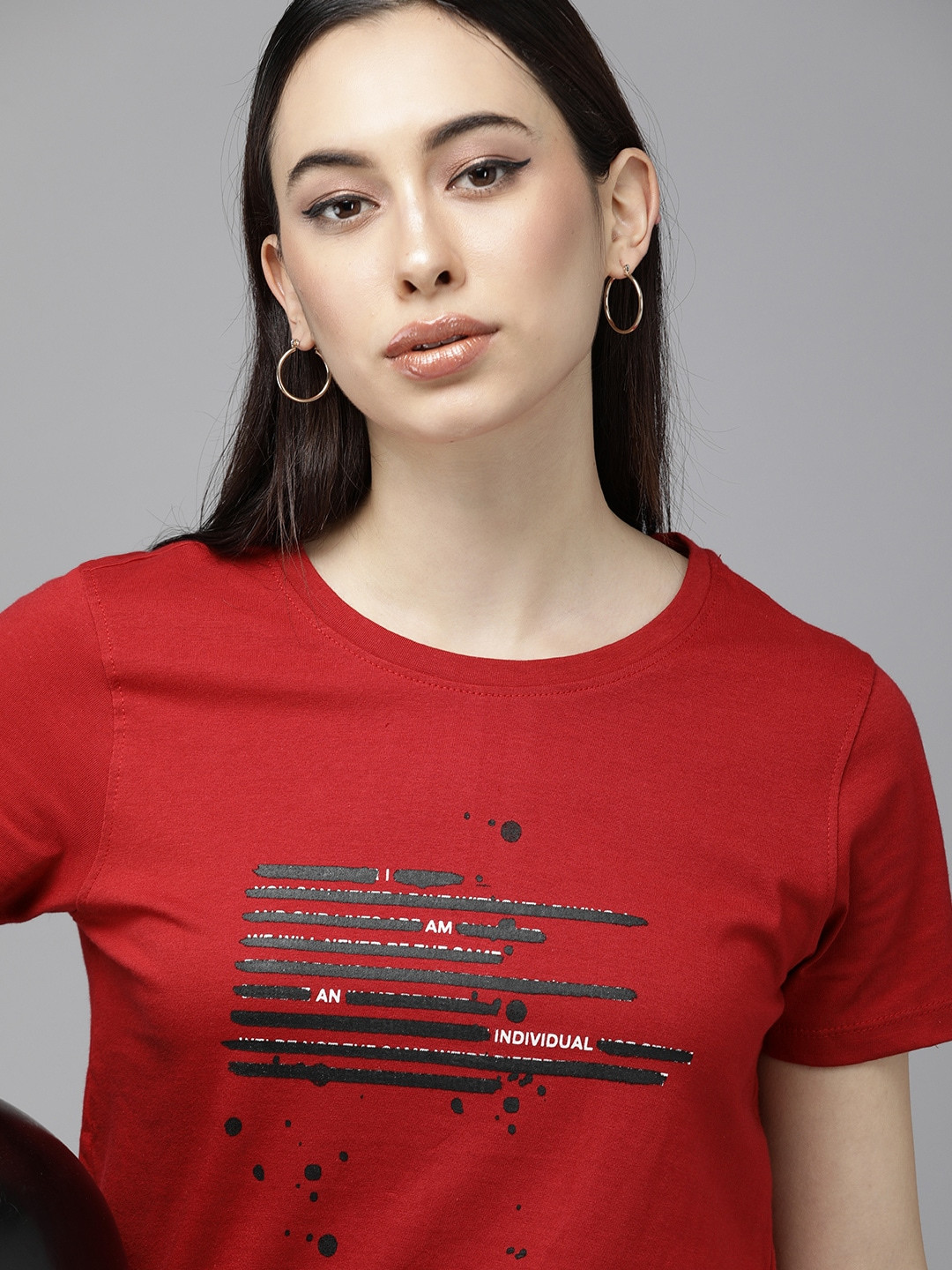 The Roadster Lifestyle Co Women Red Typography Printed Pure Cotton T-shirt