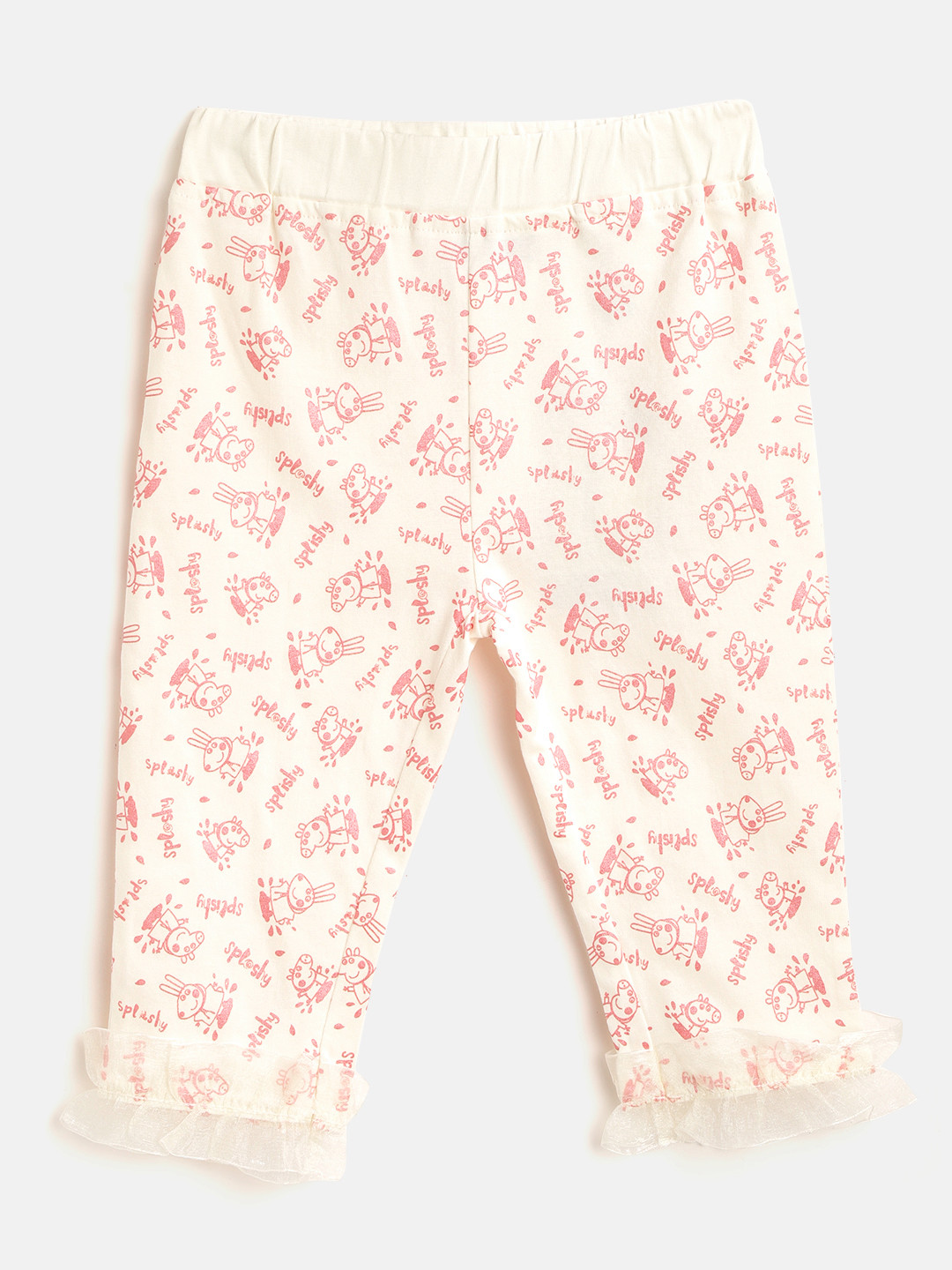 toothless Girls Off-White & Pink Pure Cotton Peppa Pig Print Capris with Lace