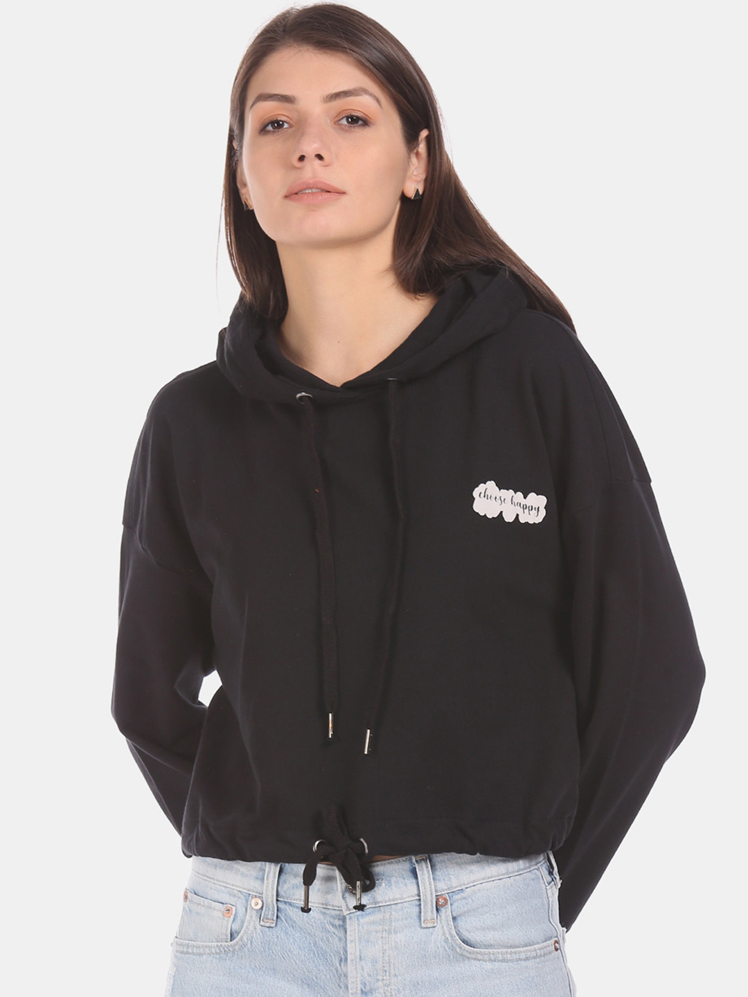 Flying Machine Women Black Solid Sweatshirt