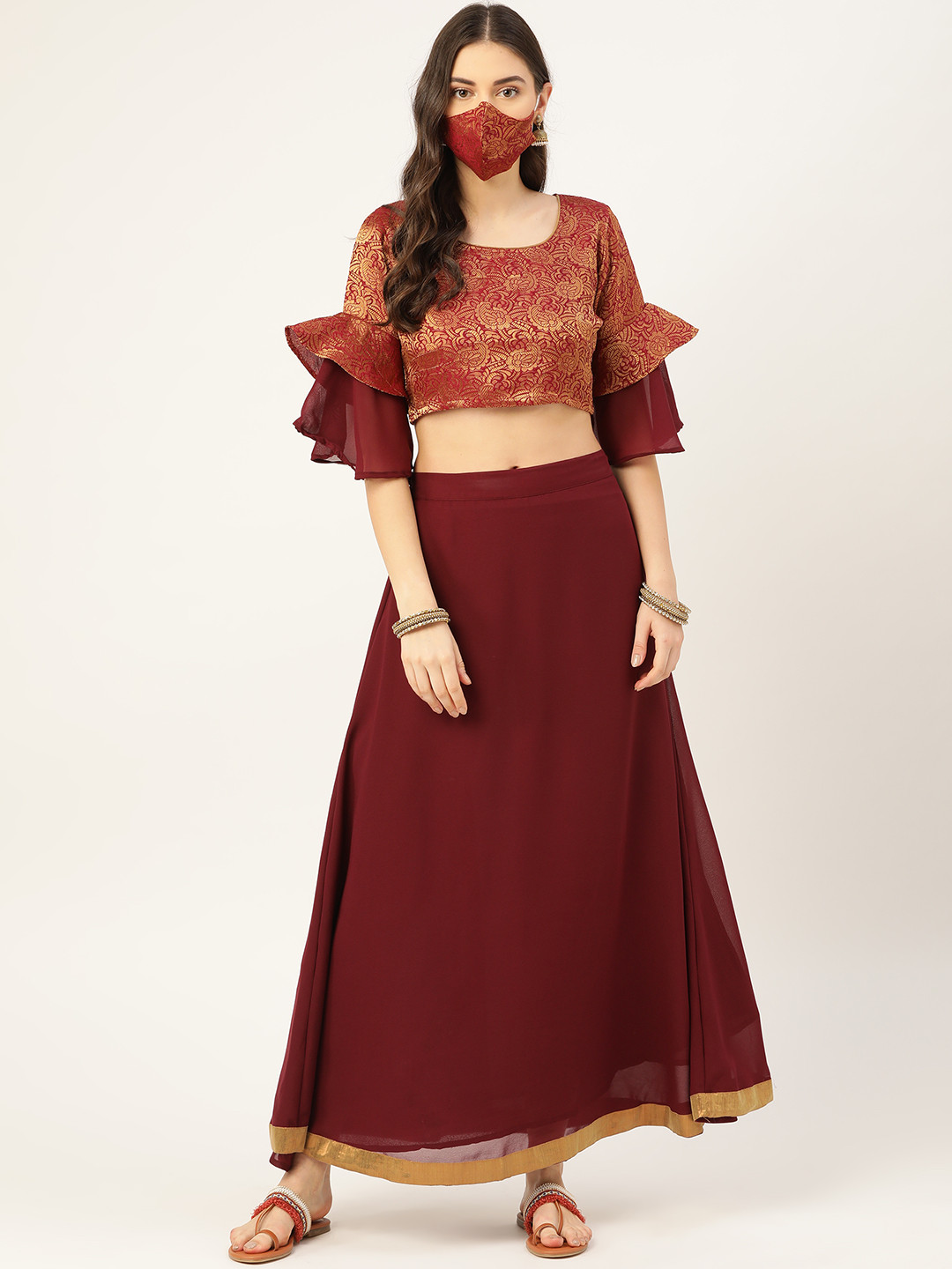 RIVI Maroon & Golden Ready to Wear Zari Woven Design Lehenga with Blouse & Cloth Mask