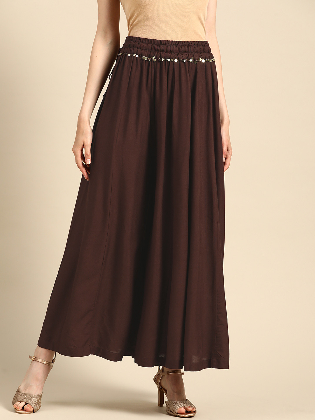 TAG 7 Women Coffee Brown Solid Flared Palazzos