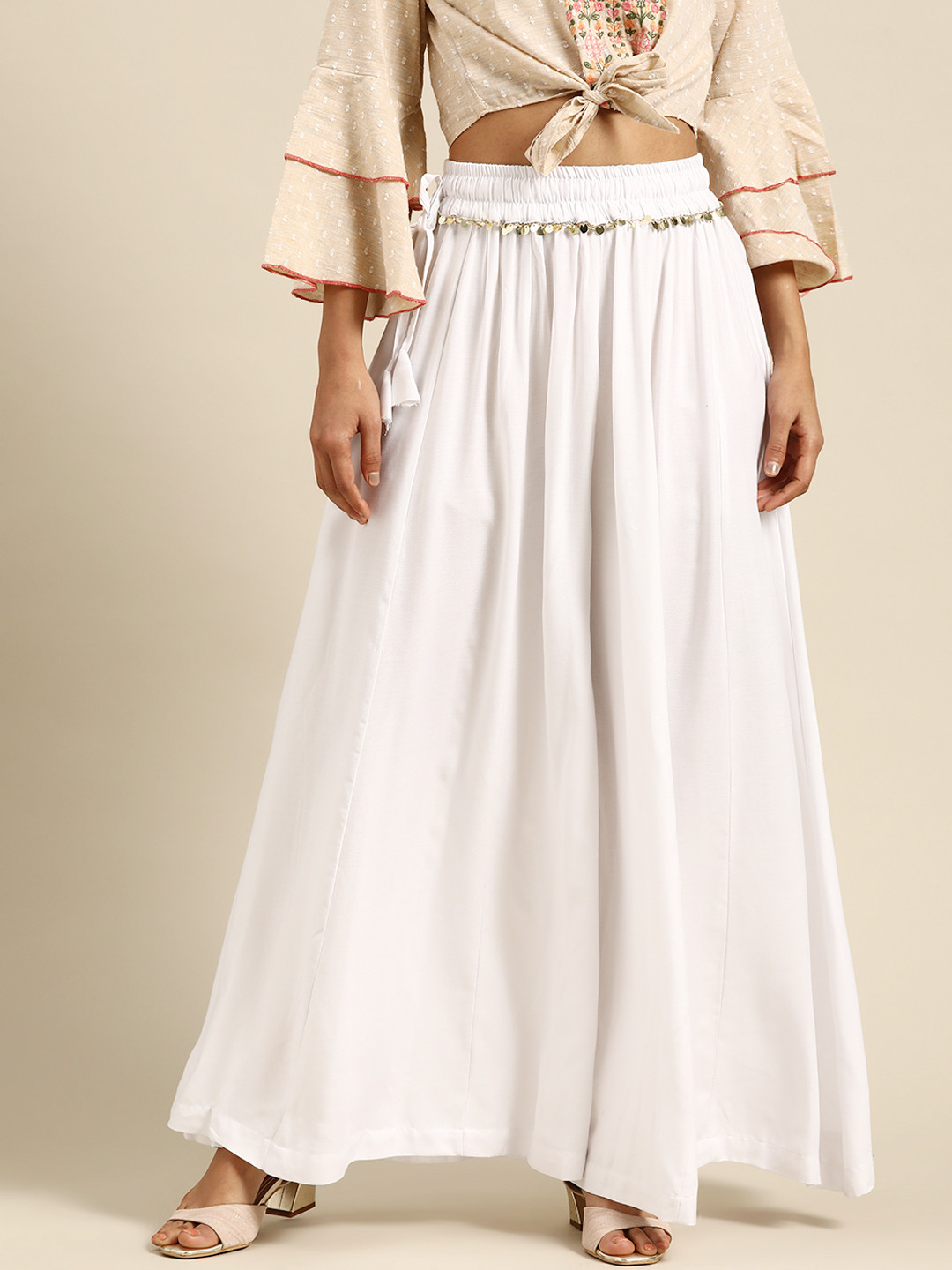 TAG 7 Women White Solid Flared Palazzos