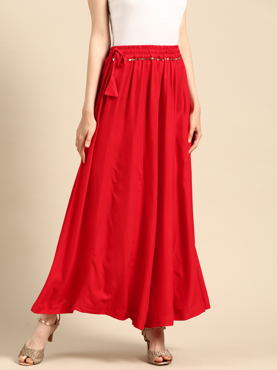 TAG 7 Women Red Solid Flared Palazzos