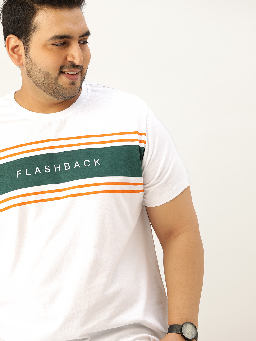 Sztori Men Plus Size White & Green Cotton Striped T-shirt