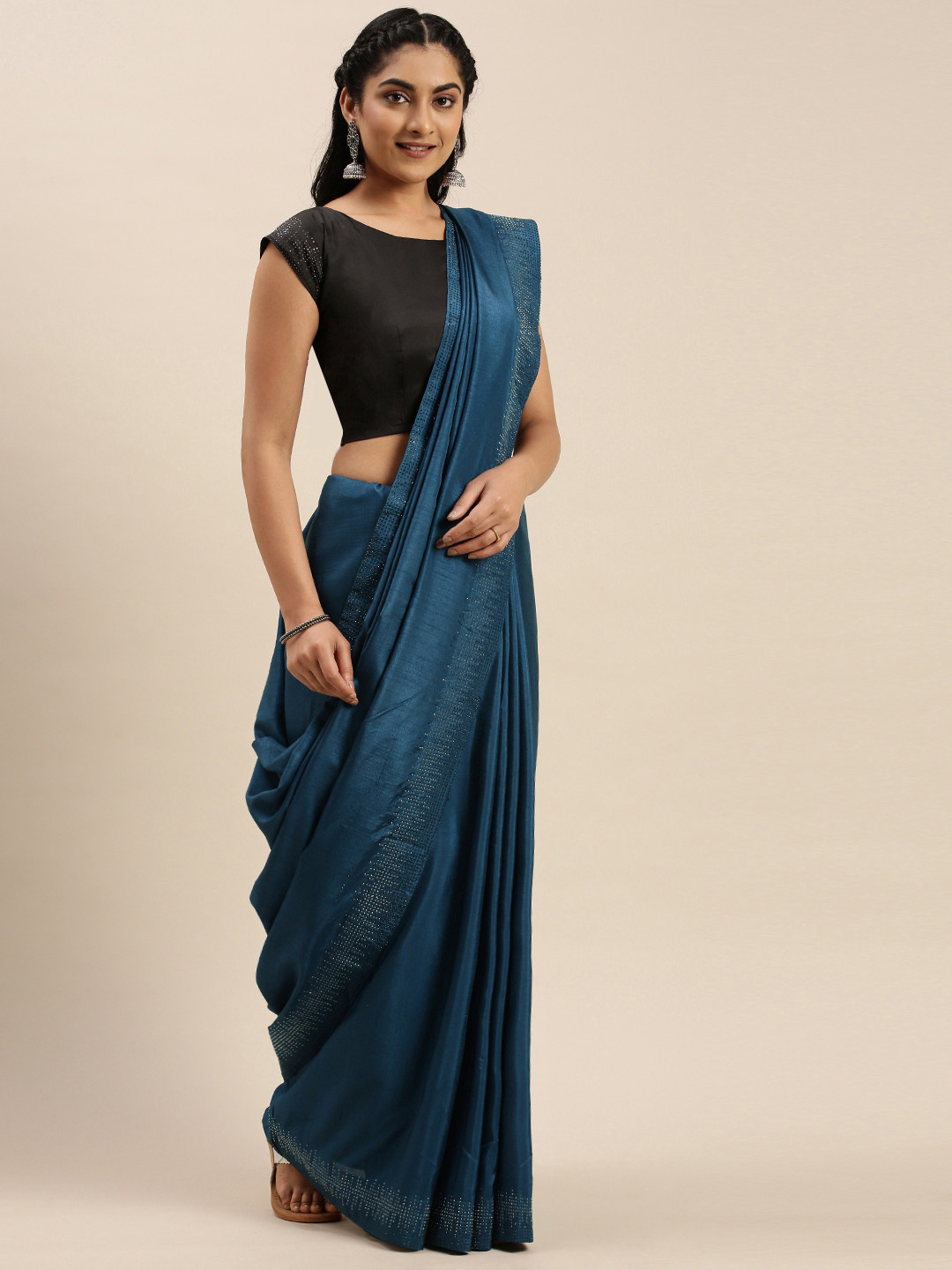 Shaily Navy Blue Solid Embellished Border Saree