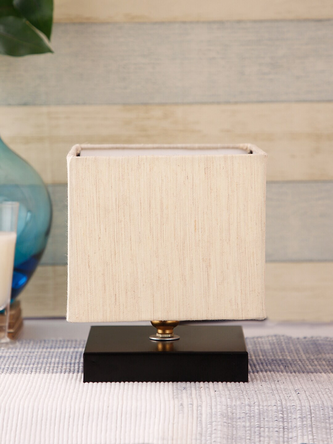 Devansh Cream-Coloured & Black Solid Contemporary Table Lamp & Cotton Shade