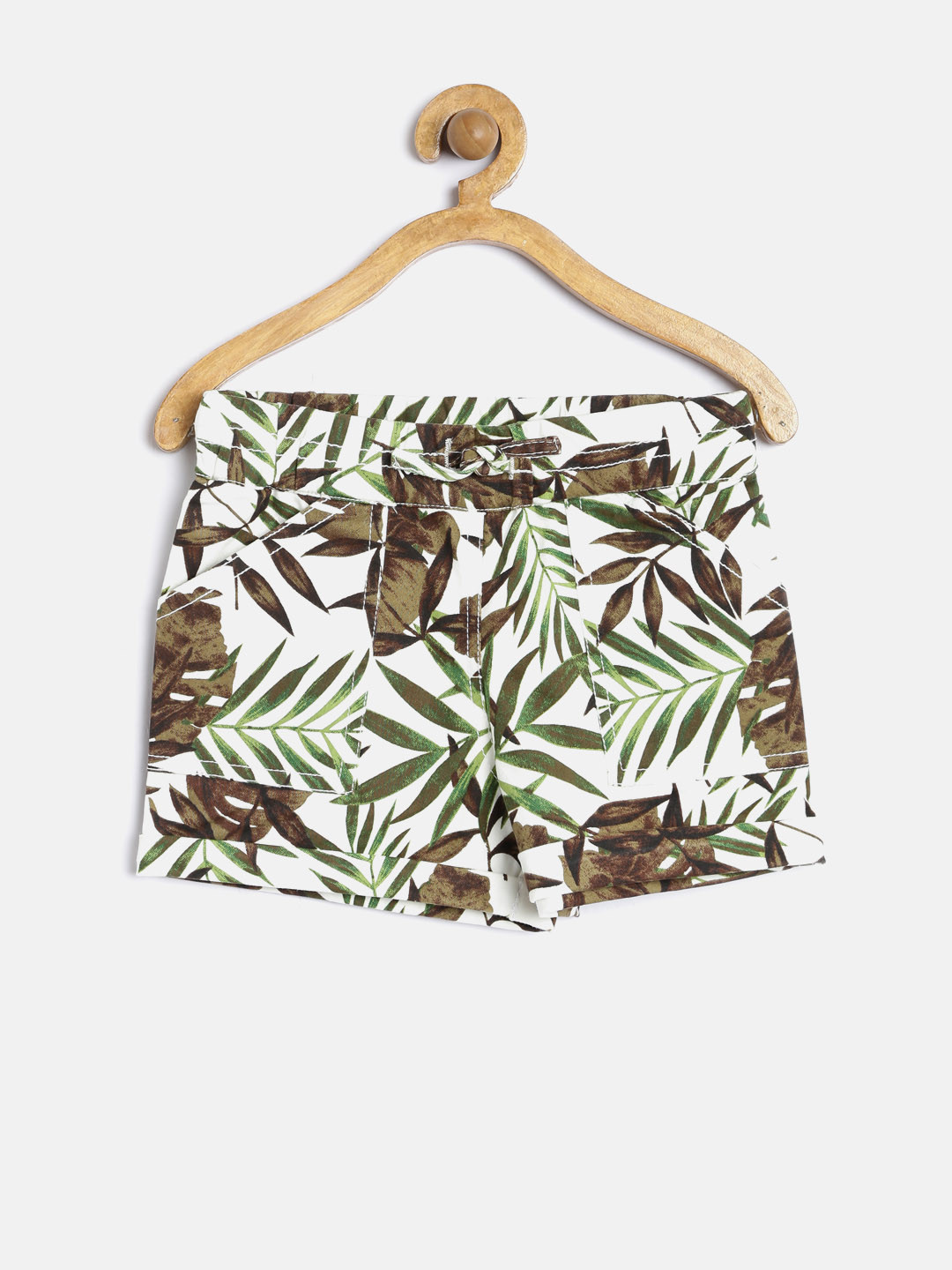 Sera Girls White & Brown Leaf Print Shorts