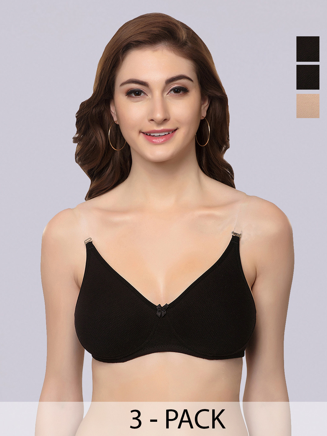 Inner Sense Nude-Coloured & Black Set of 3 Solid T-shirt  Bra ISB100-Black_Black_Skin