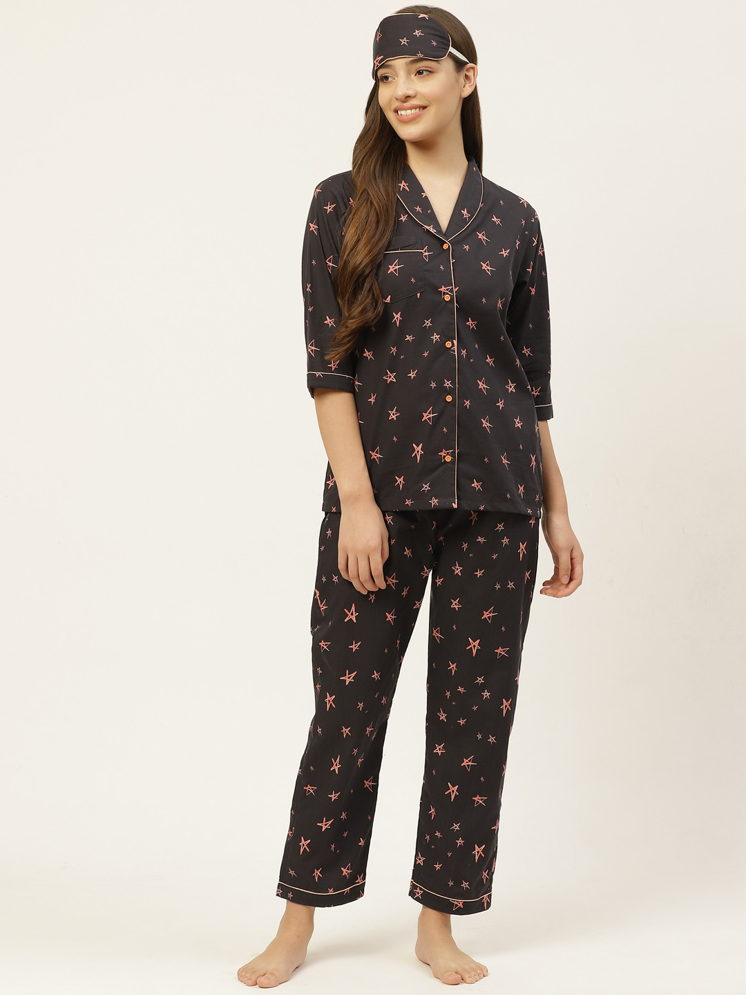 Rapra The Label Women Black & Pink Cotton Star Print Pocket Night suit With An Eye Mask