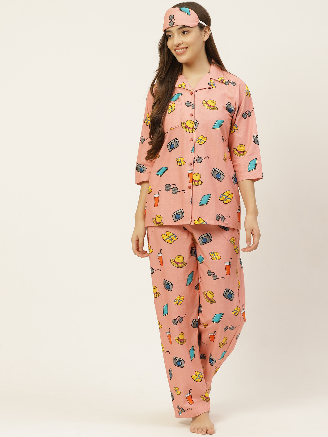 Rapra The Label Women Peach-Coloured & Blue Quirky Print Cotton Night Suit With Eye Mask