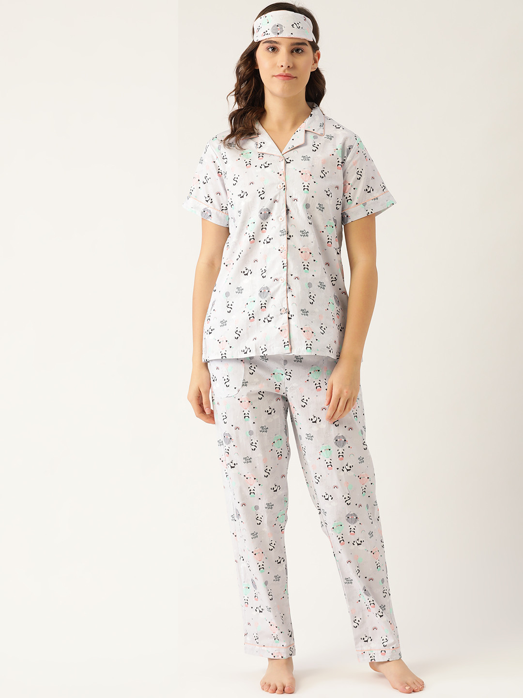 Rapra The Label Women Grey & Black Panda Printed Pure Cotton Night Suit With Eye Mask
