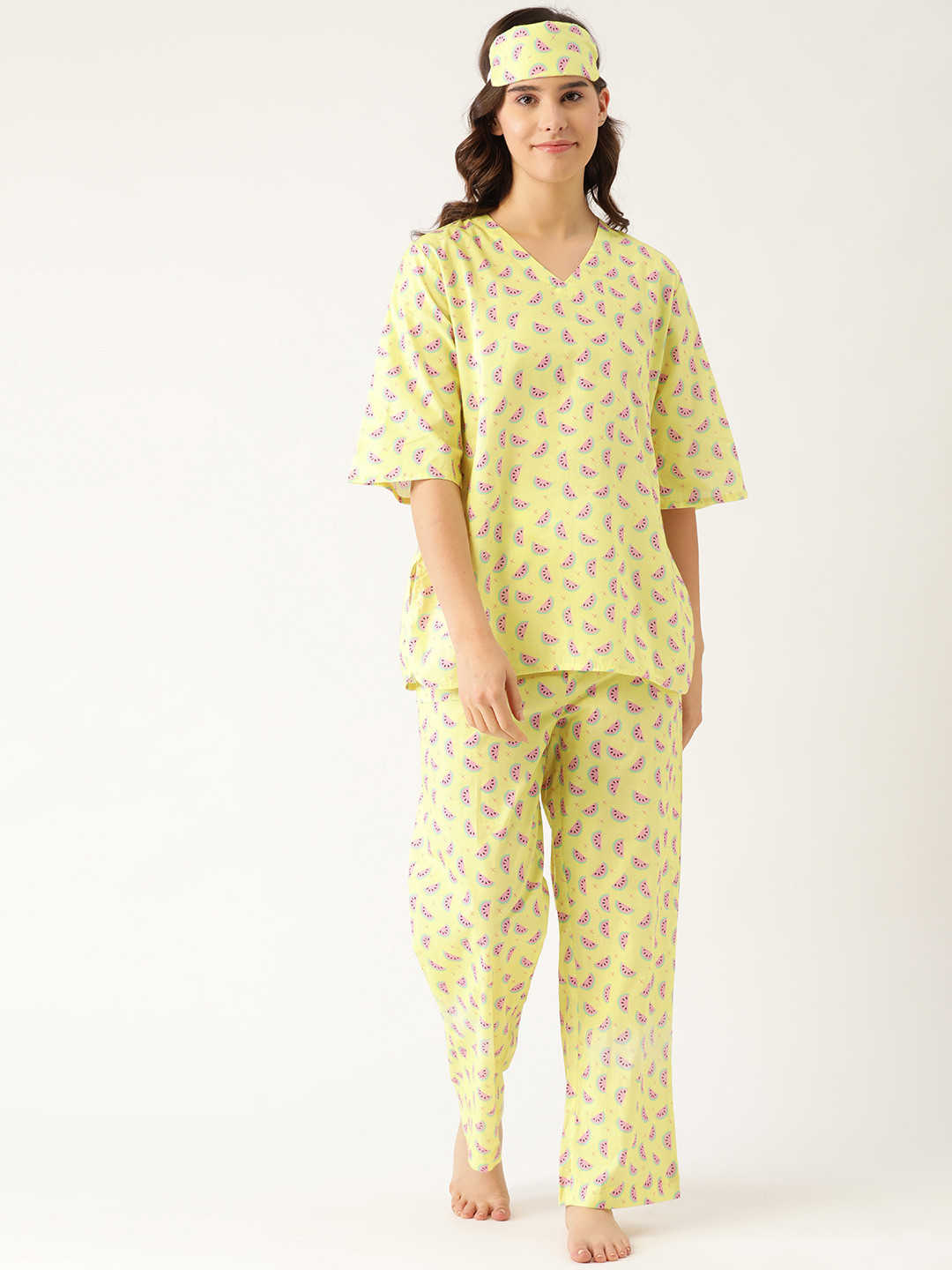 Rapra The Label Women Yellow & Pink Cotton Quirky Printed Night suit With An Eye Mask