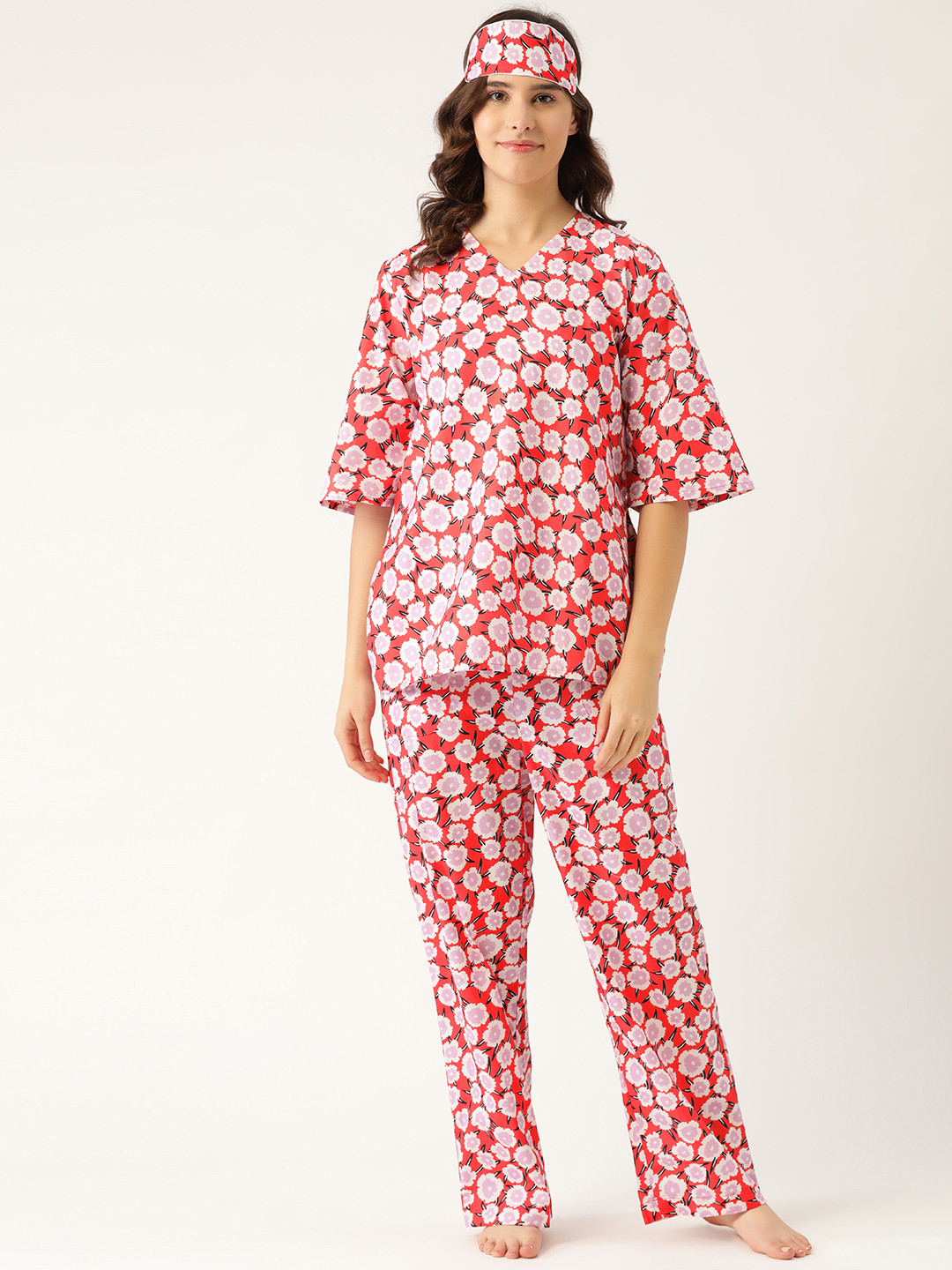 Rapra The Label Women Red & White Cotton Floral Printed Night suit With An Eye Mask