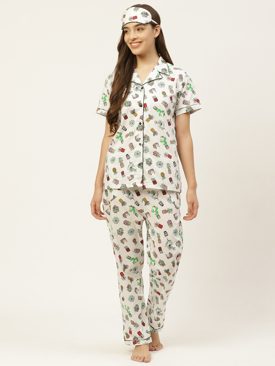 Rapra The Label Women White & Black Cotton Quirky Print Night suit With An Eye Mask